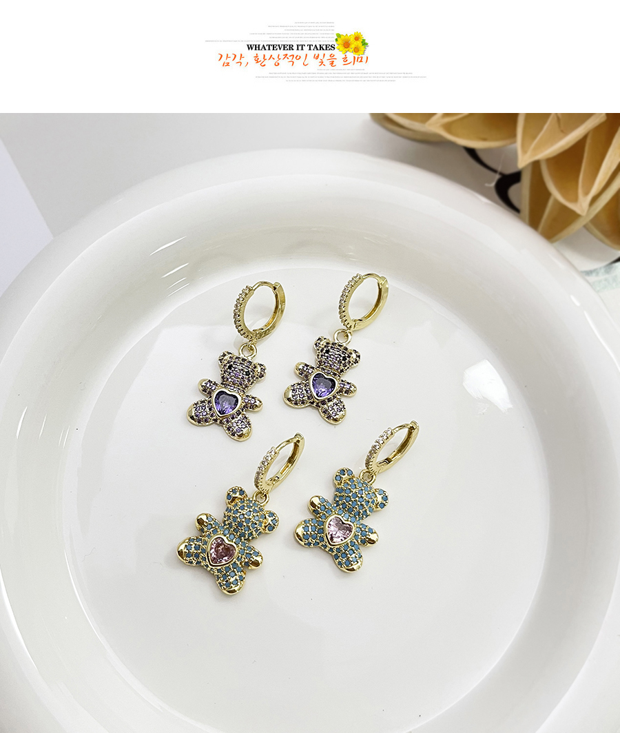 Fashion Blue Bronze Heart Zirconia Bear Earrings,Earrings