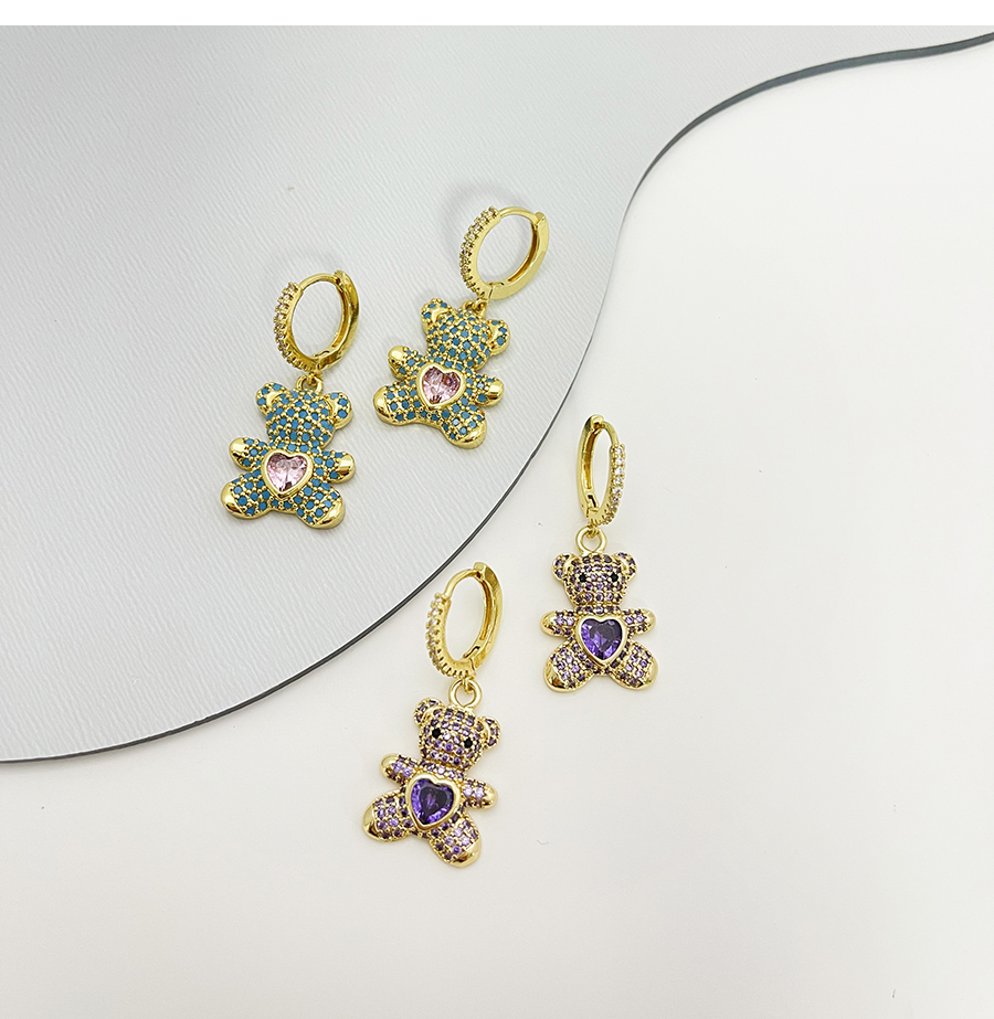 Fashion Purple Bronze Heart Zirconia Bear Earrings,Earrings
