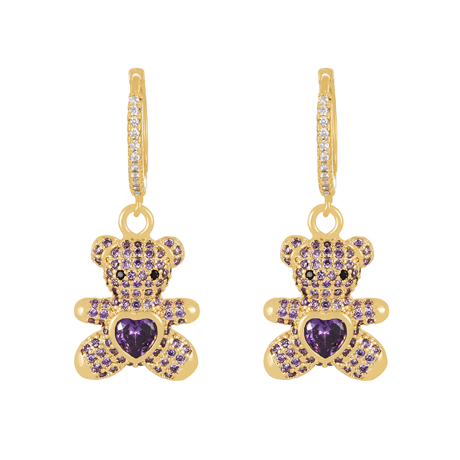 Fashion Purple Bronze Heart Zirconia Bear Earrings,Earrings