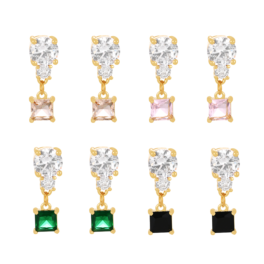 Fashion Gold + Light Pink Brass Set Square Zirconia Stud Earrings,Earrings