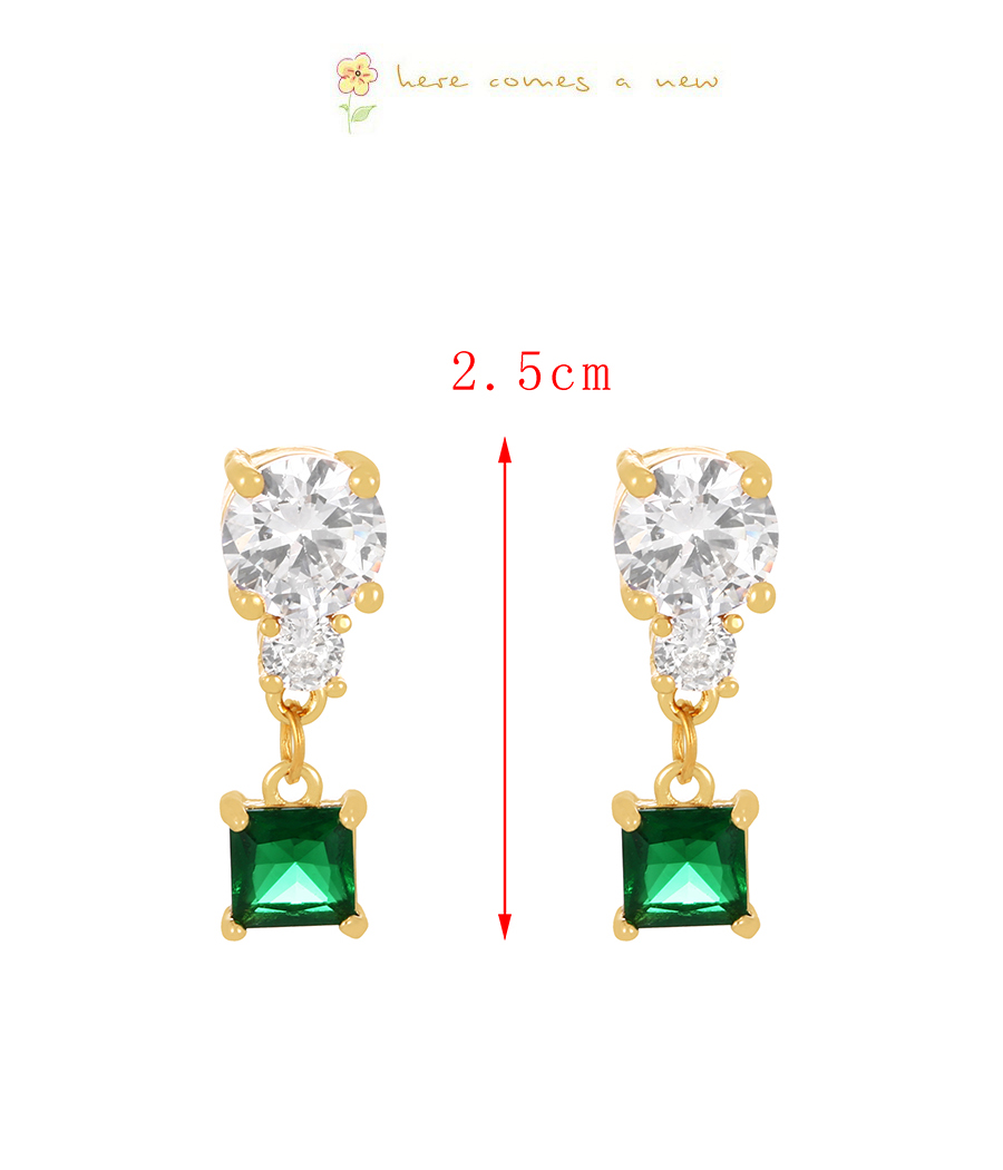 Fashion Gold + Dark Green Brass Set Square Zirconia Stud Earrings,Earrings