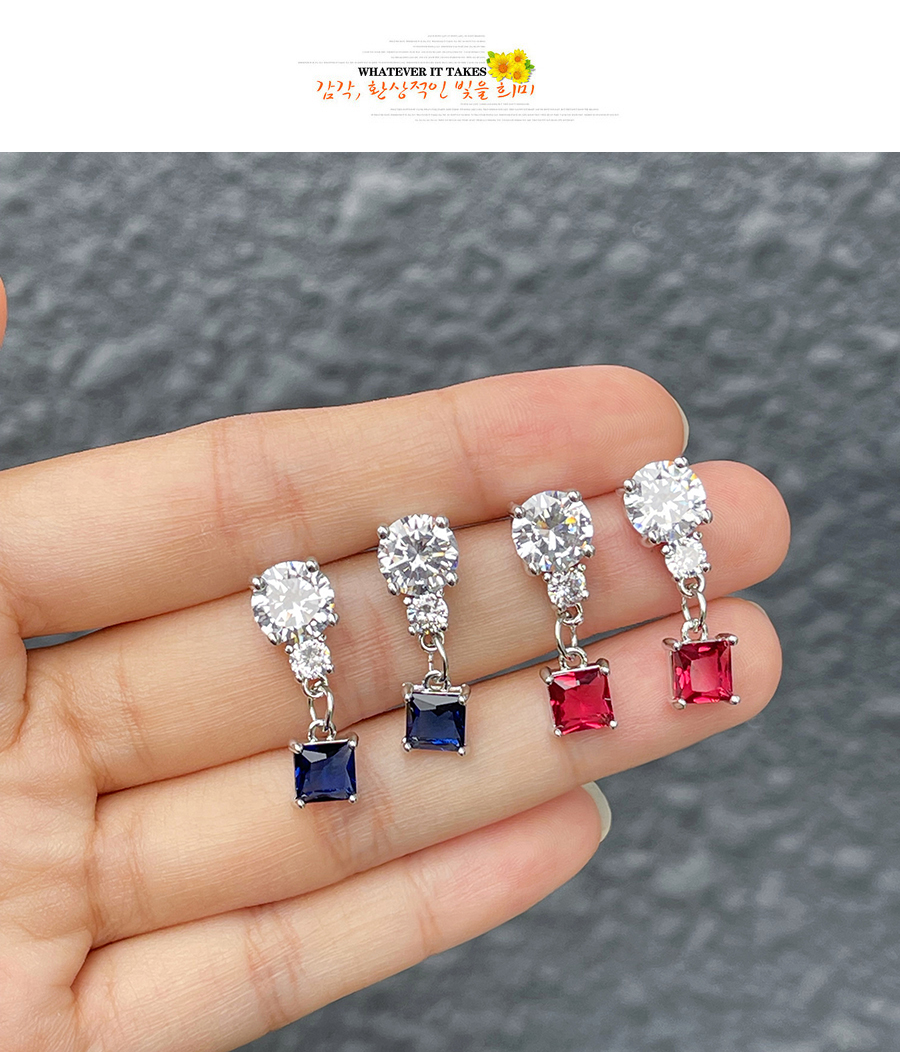 Fashion Silver + Red Copper Zircon Square Stud Earrings,Earrings