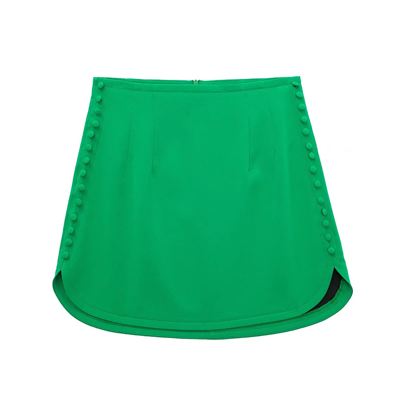 Fashion Green Button-embellished Silk-satin Skirt,Skirts