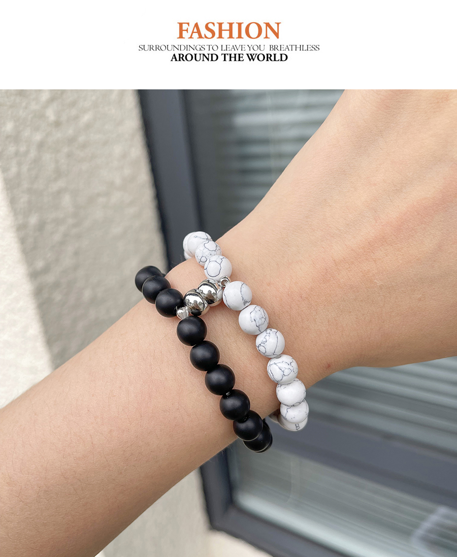 Fashion Black And White Natural Stone Beaded Titanium Steel Magnetic Bracelet,Bracelets
