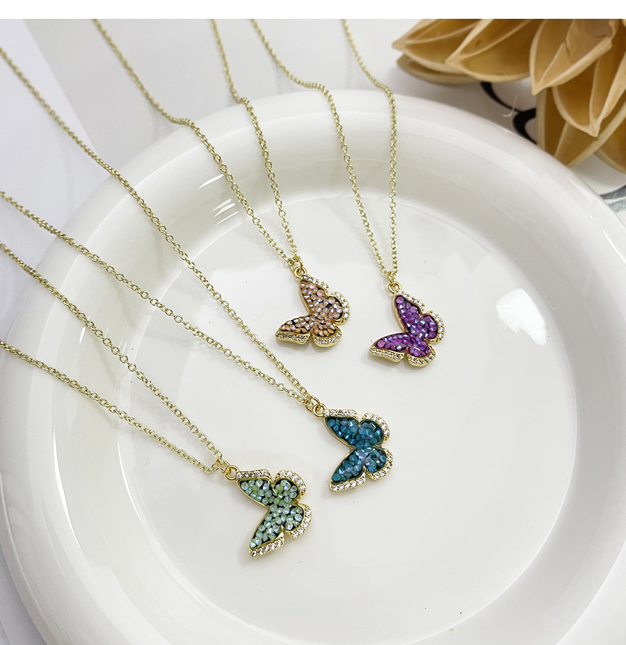 Fashion Blue Bronze Zirconium Oil Drop Butterfly Pendant Necklace,Necklaces