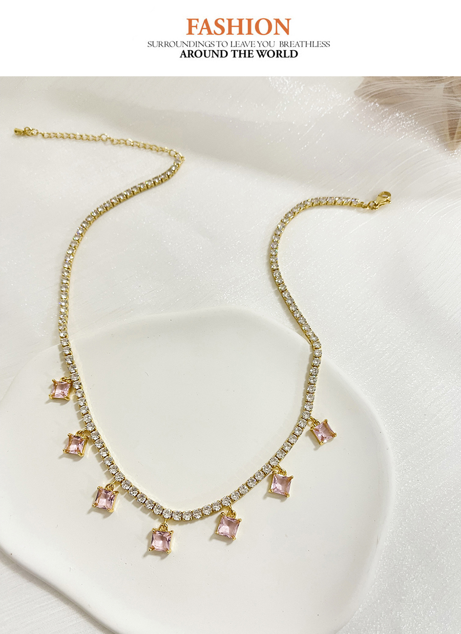 Fashion Pink Bronze Zircon Square Pendant Necklace,Necklaces