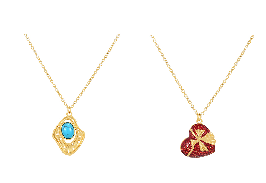 Fashion Gold-3 Copper Zircon Geometric Turquoise Pendant Necklace,Necklaces