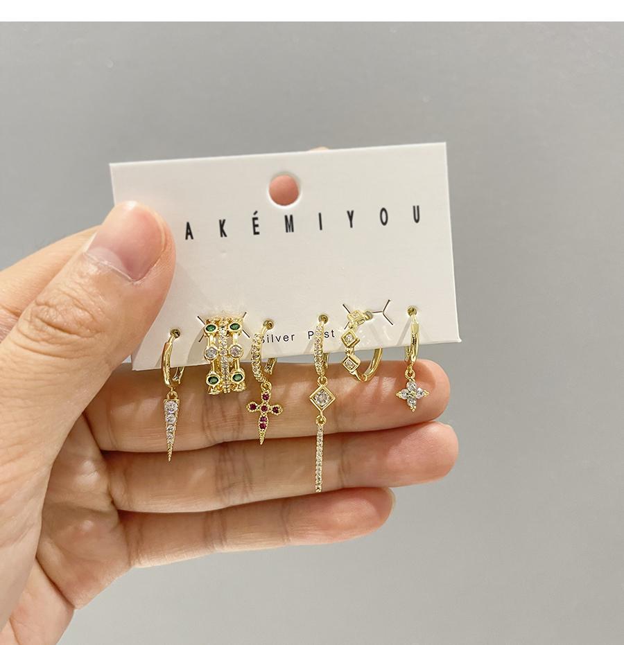 Fashion Gold Set Of 6 Copper Inlaid Zircon Cross Flower Earrings,Earring Set