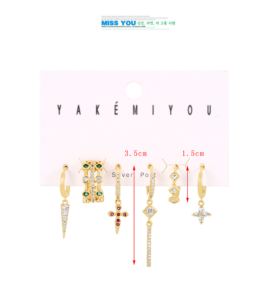 Fashion Gold Set Of 6 Copper Inlaid Zircon Cross Flower Earrings,Earring Set