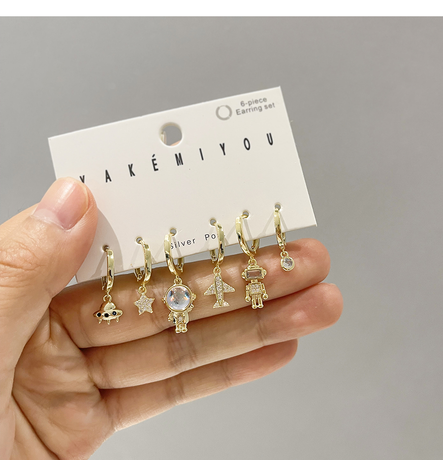 Fashion Gold Set Of 6 Copper Inlaid Zircon Astronaut Spaceship Earrings,Earring Set