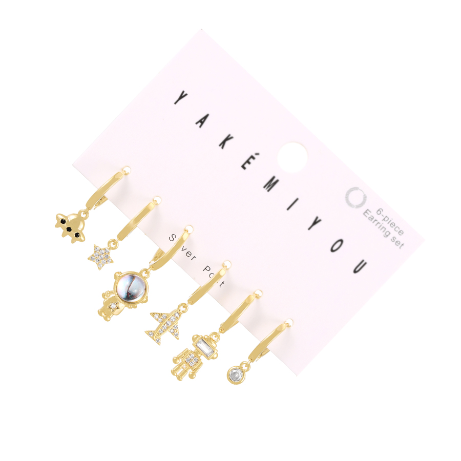Fashion Gold Set Of 6 Copper Inlaid Zircon Astronaut Spaceship Earrings,Earring Set