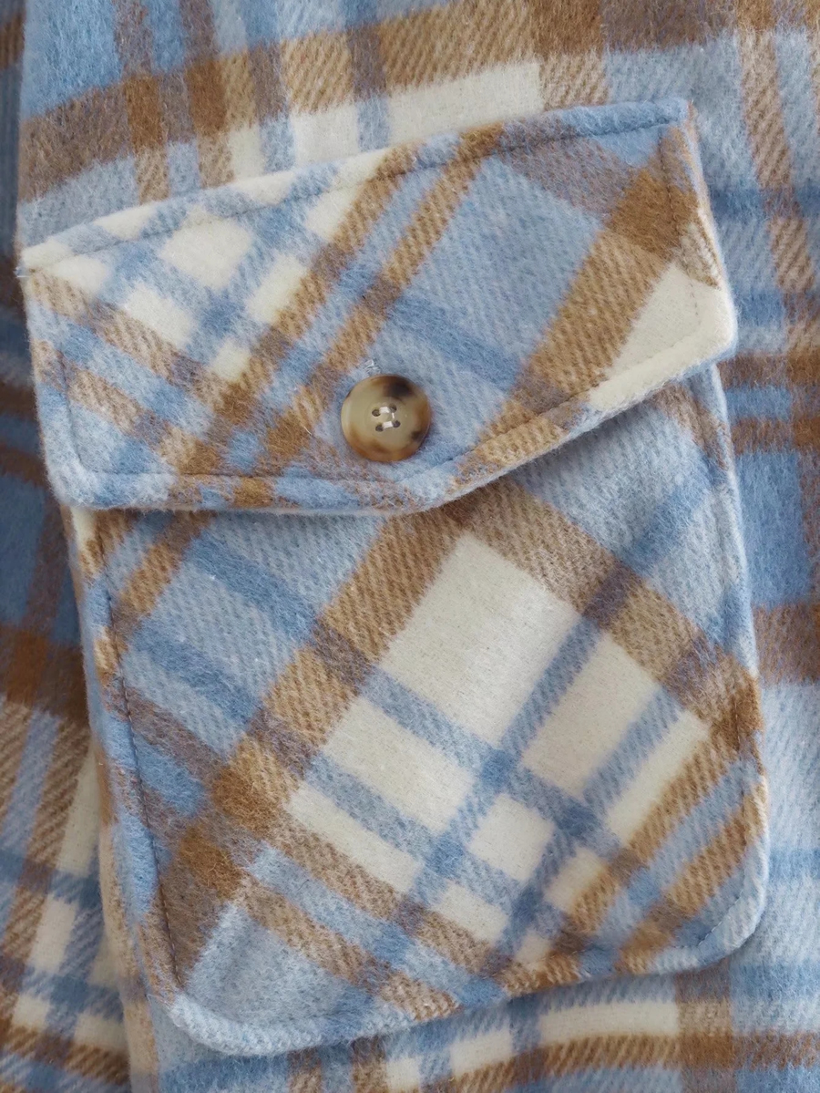 Fashion Blue Wool Check Button Coat,Coat-Jacket