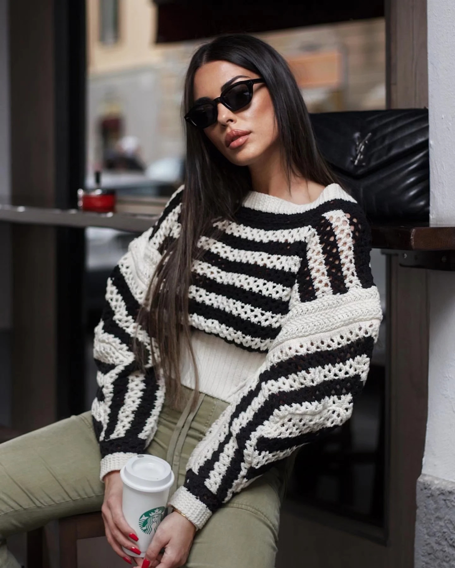 Fashion Black And White Black And White Cutout Knit Sweater,Sweater