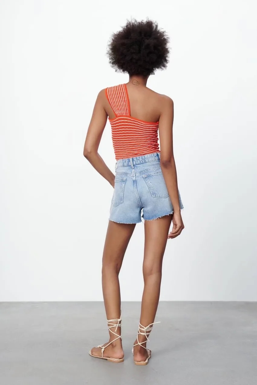 Fashion Orange Woven Striped One-shoulder Cutout Top,Tank Tops & Camis