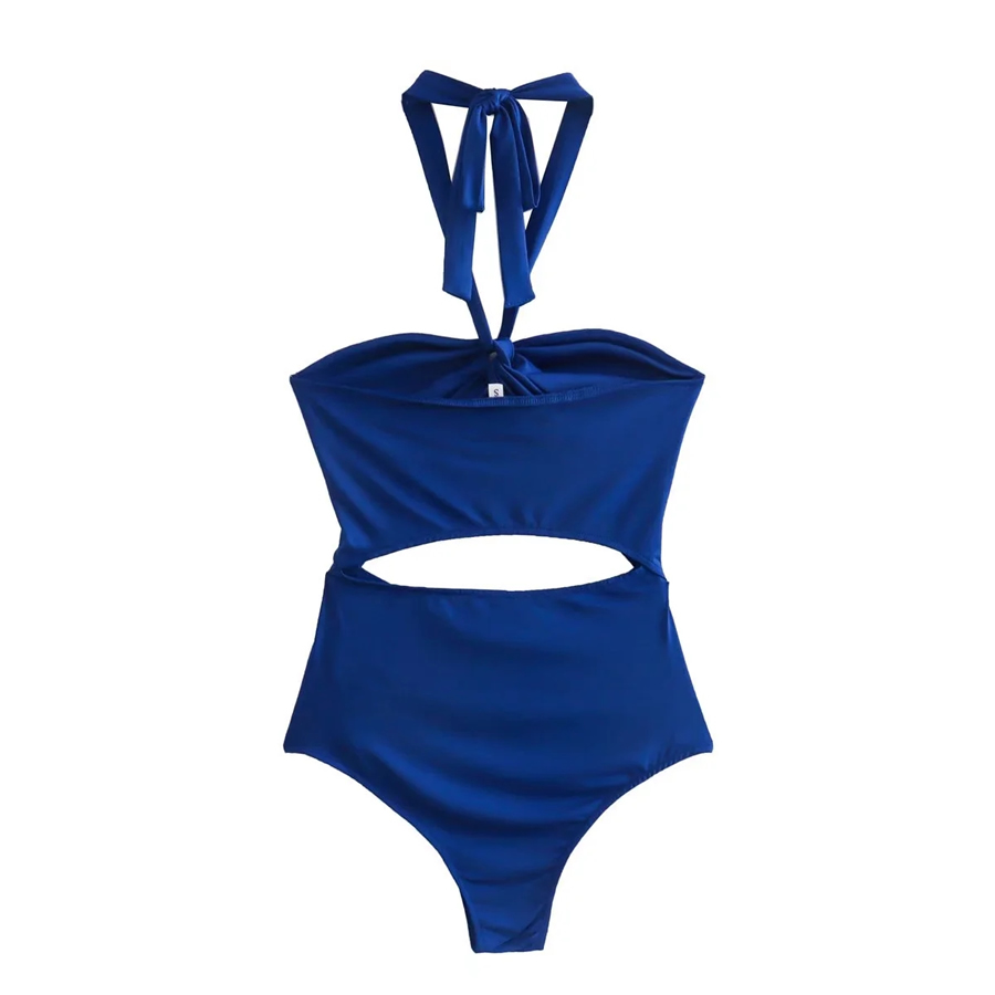 Fashion Blue Solid Color Halter Tie Cutout Bodysuit,One Pieces