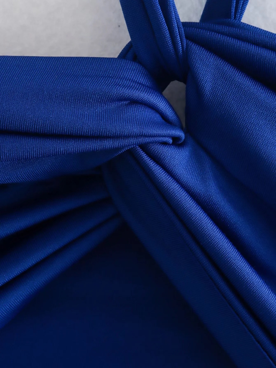 Fashion Blue Solid Color Halter Tie Cutout Bodysuit,One Pieces