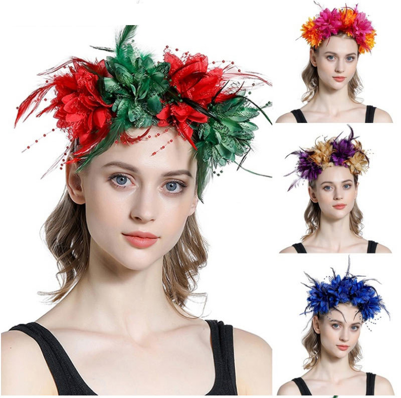 Fashion Red And Green Fabric Simulation Flower Feather Headband,Head Band