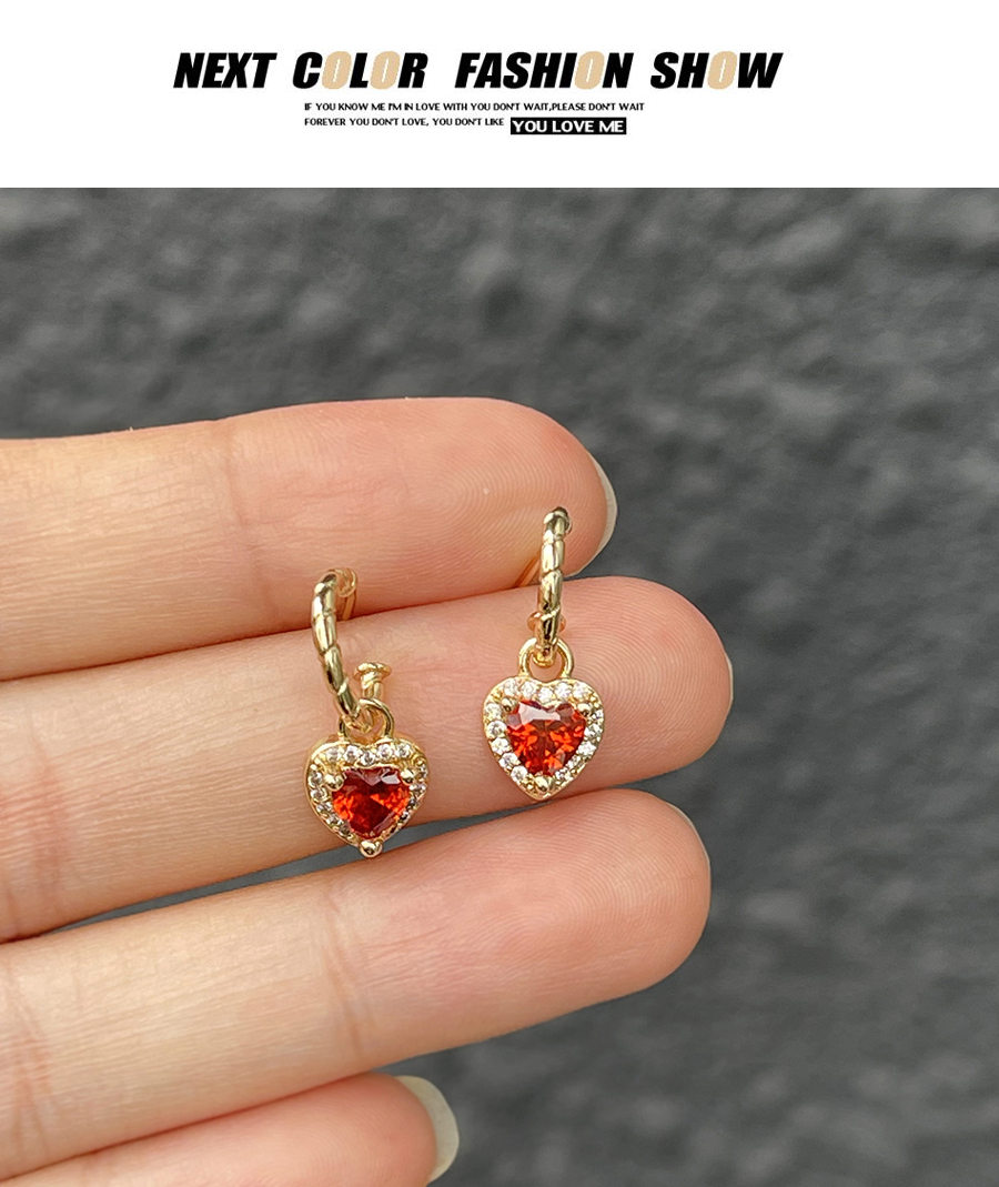 Fashion Red Copper Set Zircon Heart Stud Earrings,Earrings