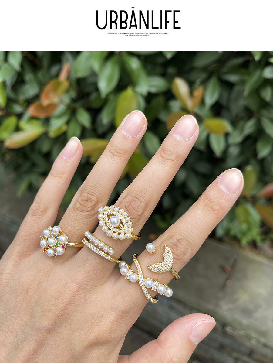 Fashion Gold-5 Bronze Zircon Pearl Flower Ring,Rings