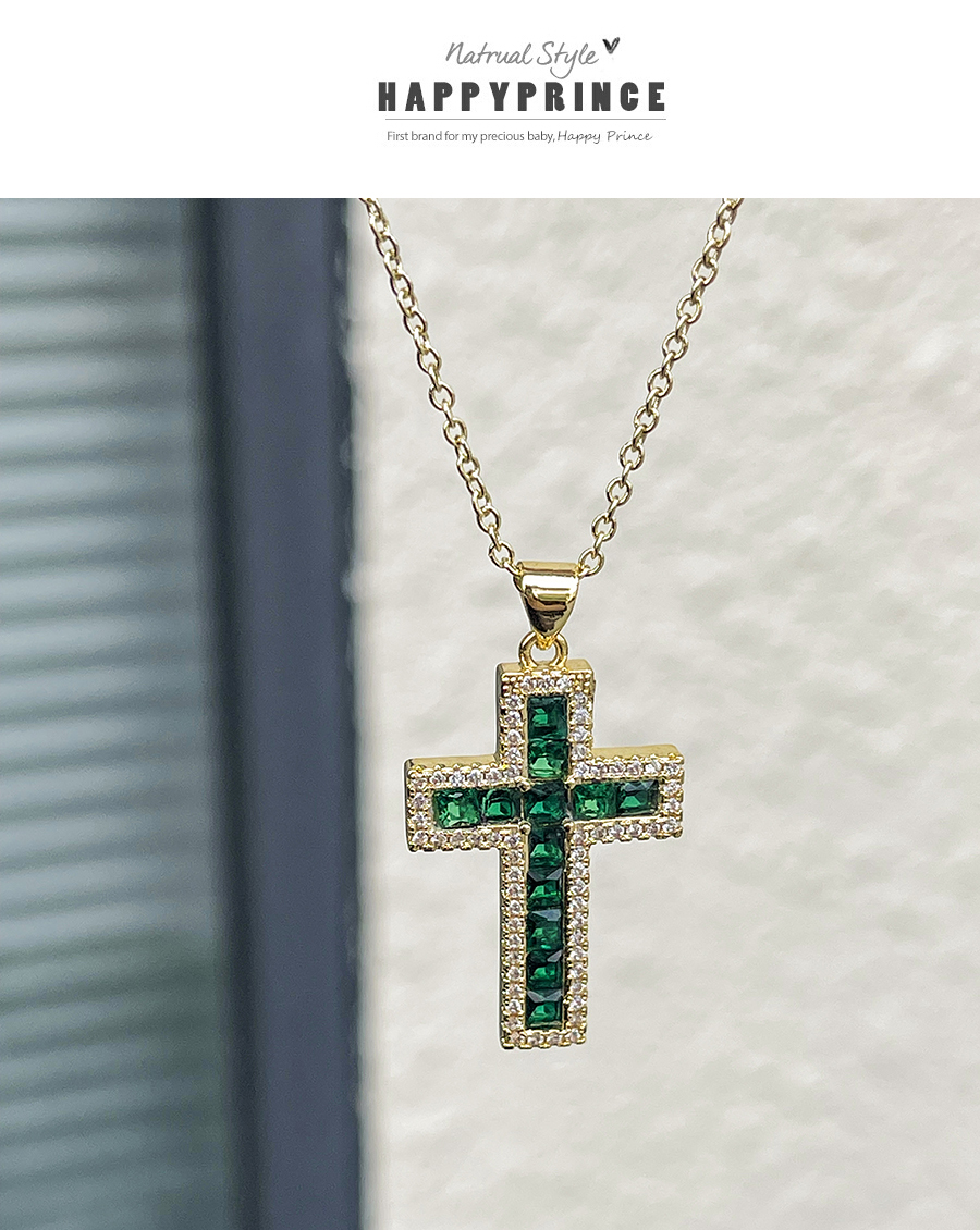 Fashion Dark Green Bronze Zircon Cross Pendant Necklace,Necklaces