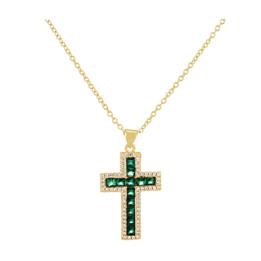 Fashion Dark Green Bronze Zircon Cross Pendant Necklace,Necklaces