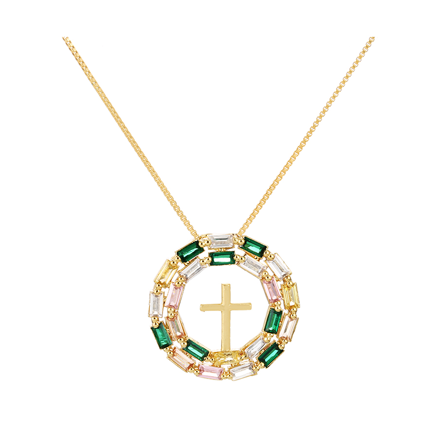 Fashion Color-2 Bronze Zircon Round Cross Pendant Necklace,Necklaces