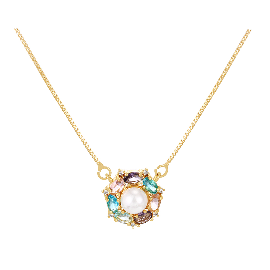 Fashion Color-2 Bronze Zircon Geometric Pearl Pendant Necklace,Necklaces