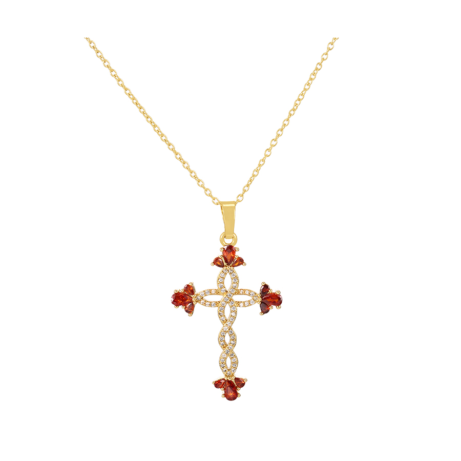 Fashion Red Bronze Zircon Round Cross Pendant Necklace,Necklaces