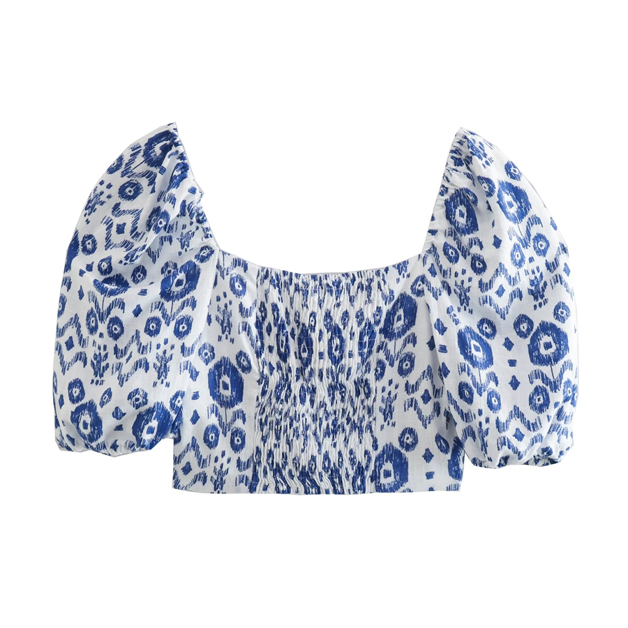 Fashion Blue Geometric Print Puff Sleeve Cropped Square Neck Top,Tank Tops & Camis