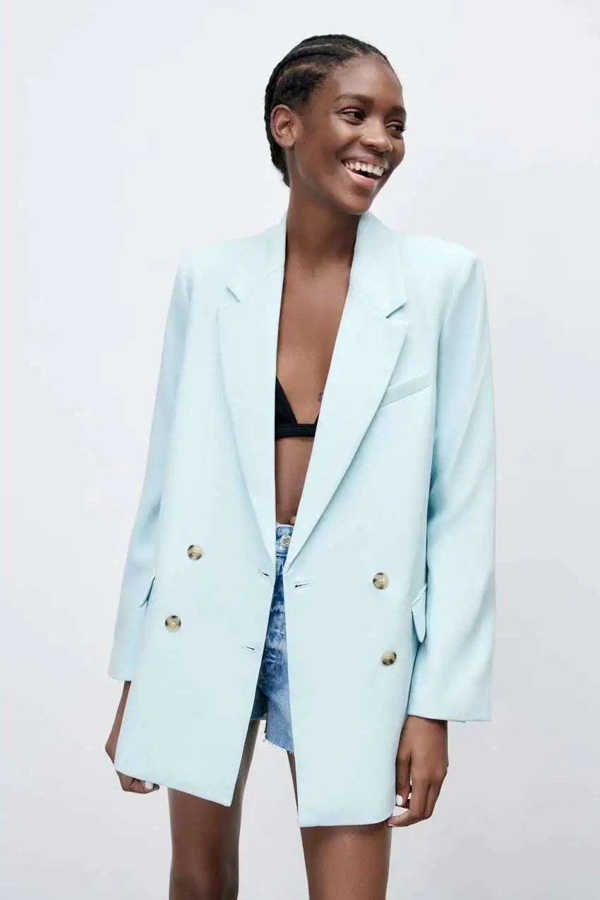 Fashion Blue Solid Double-breasted Pocket Blazer,Coat-Jacket