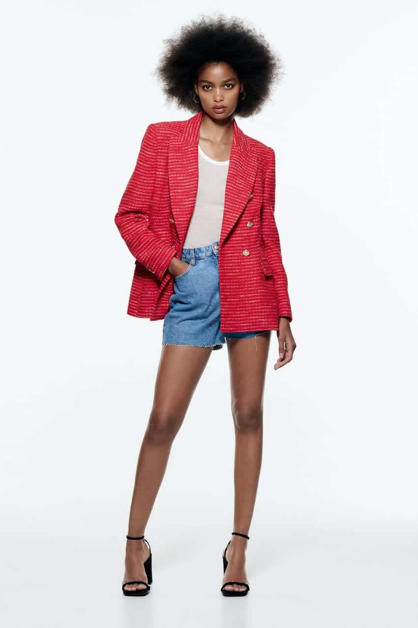 Fashion Red Textured Double-breasted Blazer,Coat-Jacket