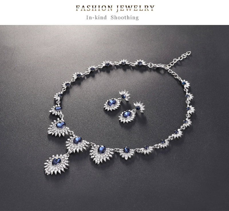 Fashion Blue Geometric Diamond Stud Necklace Set,Jewelry Sets