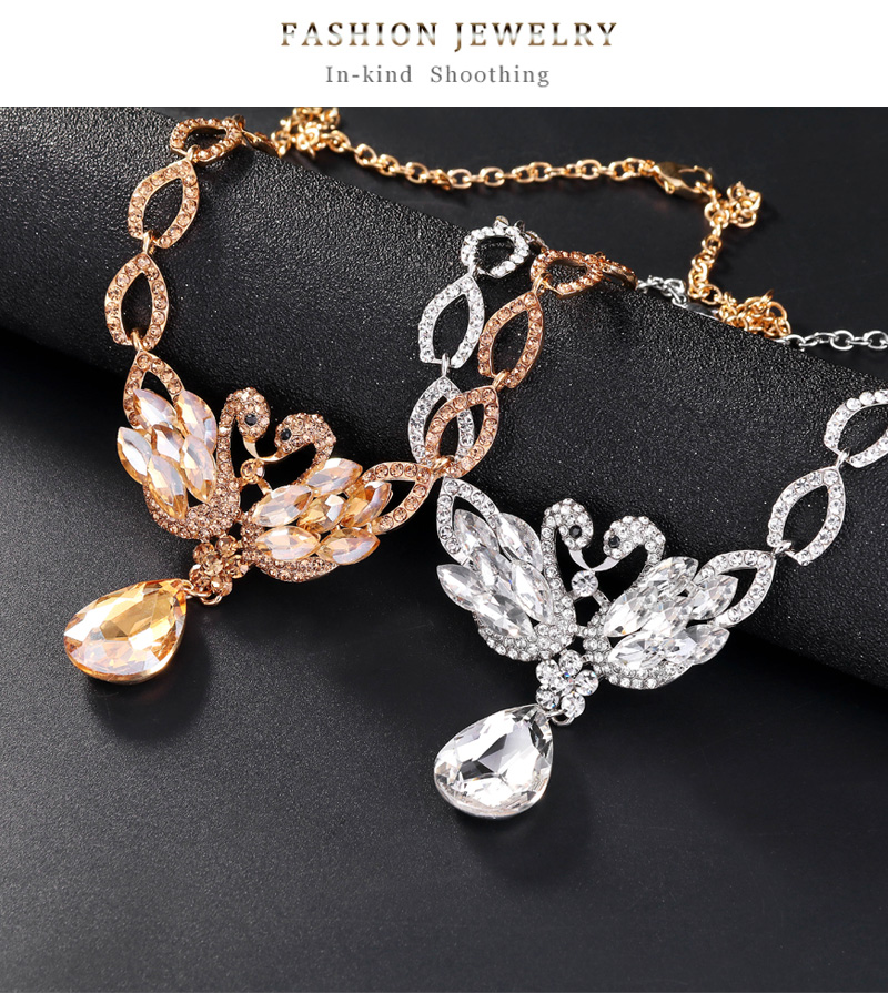 Fashion Silver Geometric Drop Diamond Flower Stud Necklace Set,Jewelry Sets