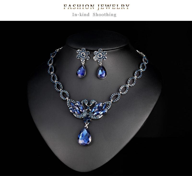 Fashion Red Geometric Drop Diamond Flower Stud Necklace Set,Jewelry Sets