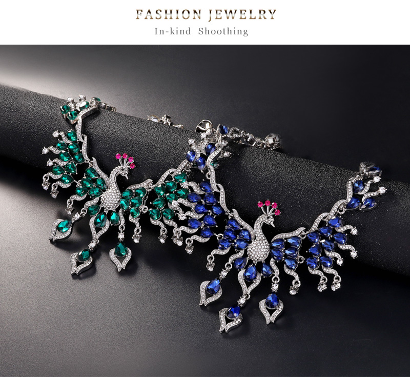 Fashion Blue Geometric Pierced Bird Stud Necklace Set,Jewelry Sets