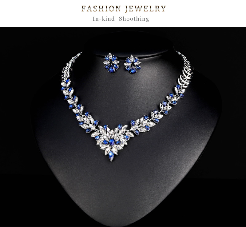 Fashion Silver Geometric Diamond Stud Necklace Set,Jewelry Sets