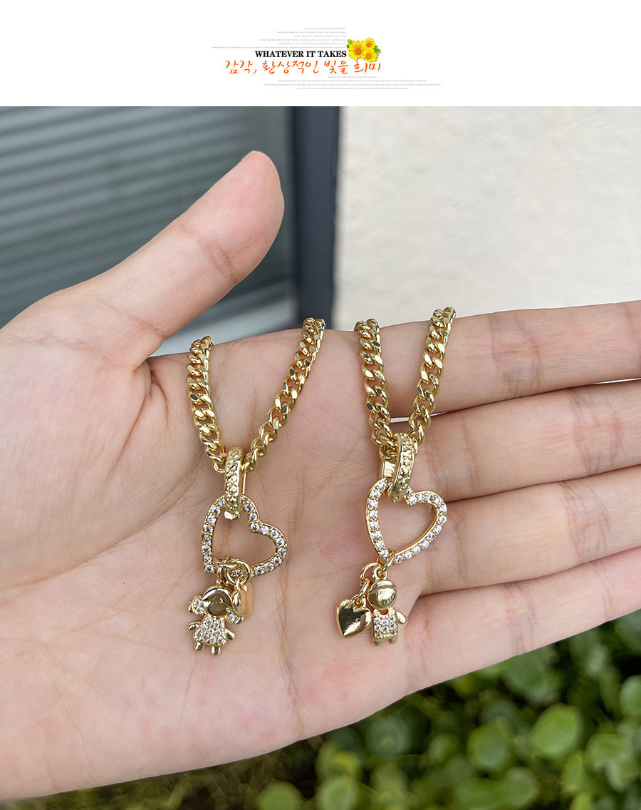 Fashion Gold-2 Bronze Zirconium Heart Girl Pendant Thick Chain Necklace,Necklaces