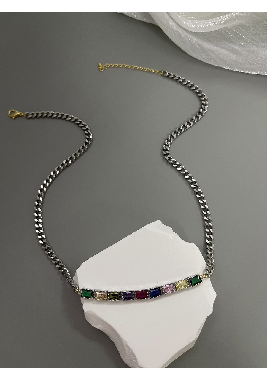 Fashion Silver-2 Bronze Chain Necklace With Zircon Square Pendant In Copper,Necklaces
