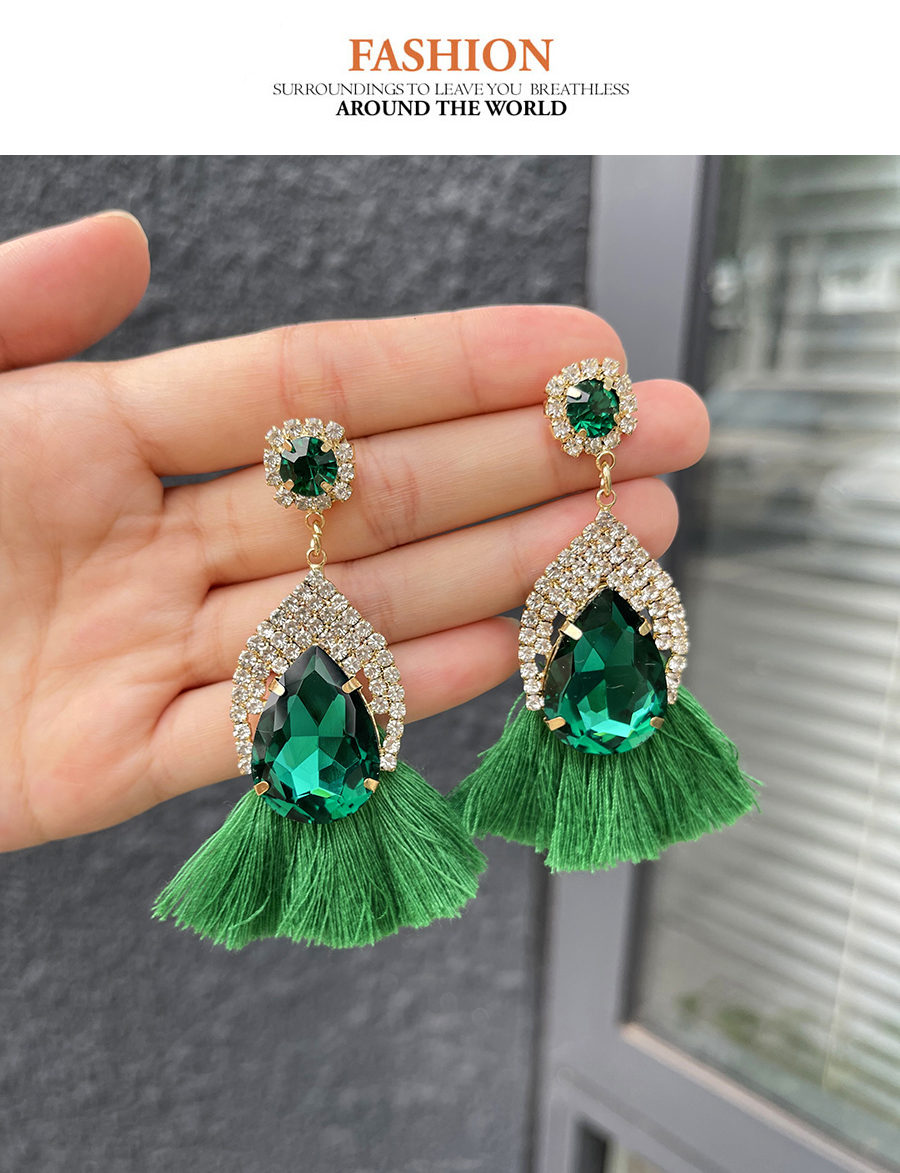 Fashion Green Alloy Diamond Waterdrop Tassel Stud Earrings,Stud Earrings