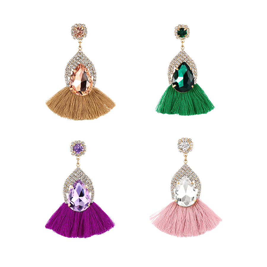 Fashion Leather Pink Alloy Diamond Waterdrop Tassel Stud Earrings,Stud Earrings