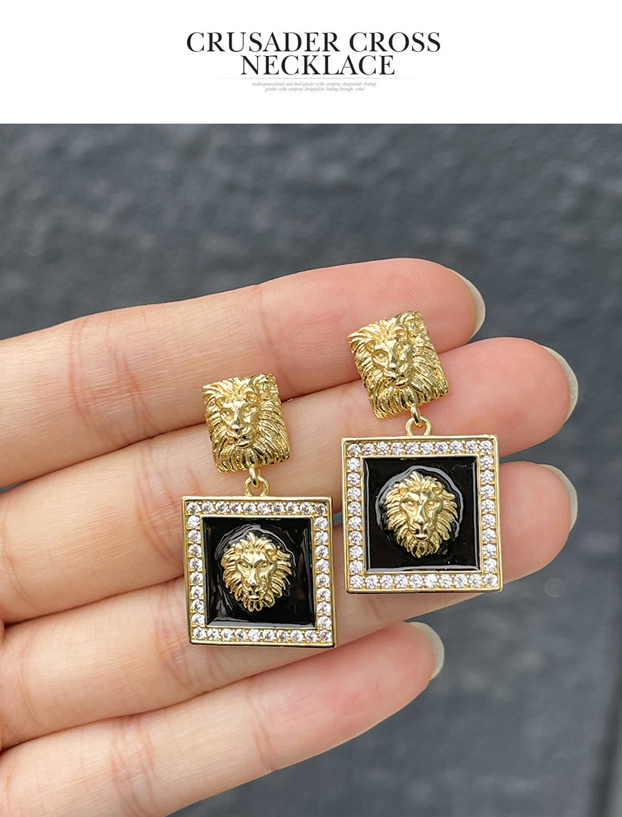 Fashion Black Bronze Zirconium Drip Oil Square Lion Stud Earrings,Earrings
