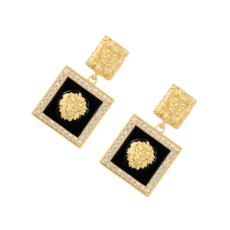 Fashion Black Bronze Zirconium Drip Oil Square Lion Stud Earrings,Earrings