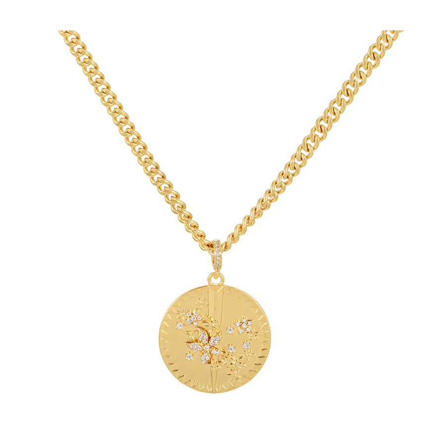 Fashion Gold-2 Bronze Chain Necklace With Bronze Zirconium Round Flower Pendant,Necklaces