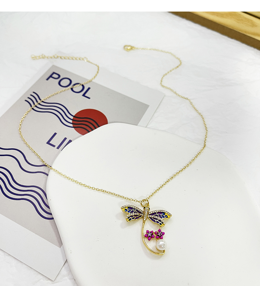 Fashion Color Bronze Zircon Drop Oil Dragonfly Pearl Pendant Necklace,Necklaces