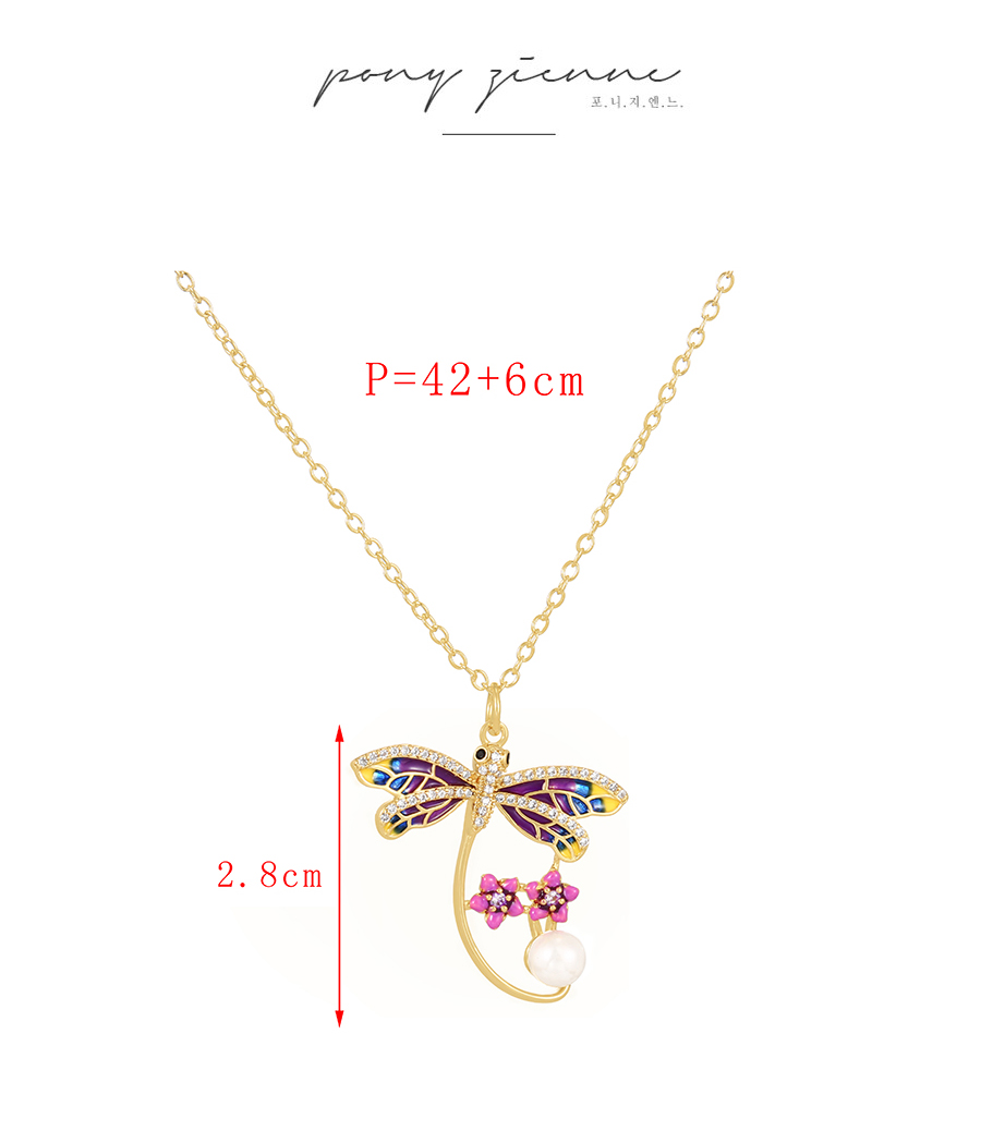 Fashion Color Bronze Zircon Drop Oil Dragonfly Pearl Pendant Necklace,Necklaces