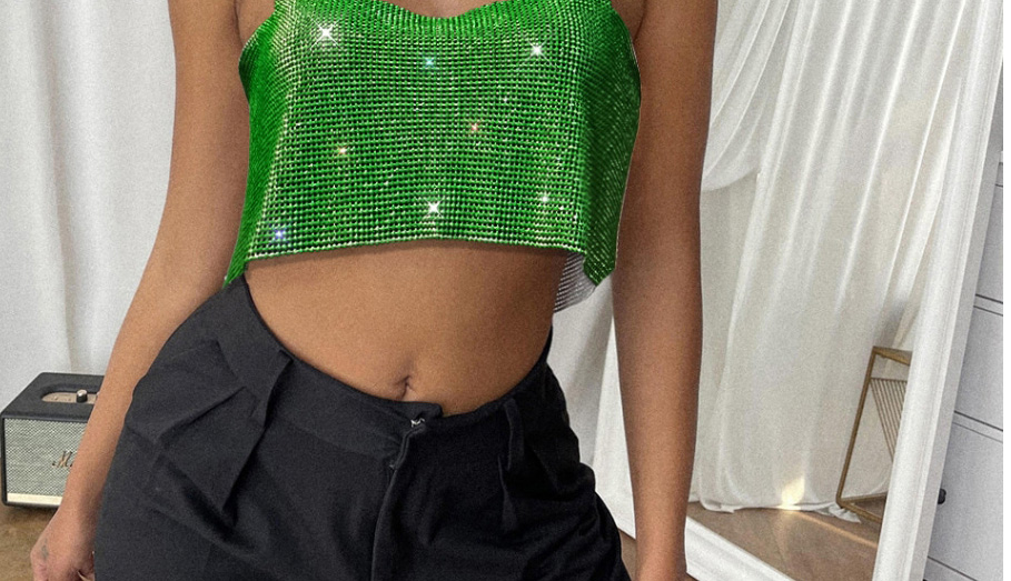 Fashion Green Polyester Flash Diamond Sleeveless Tank Top,Tank Tops & Camis