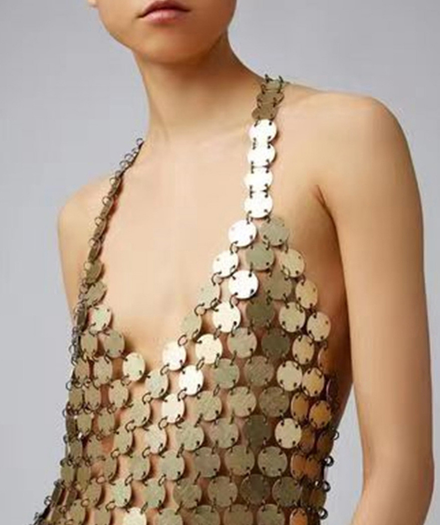 Fashion Gold Metal Sequin Halterneck Vest,Tank Tops & Camis