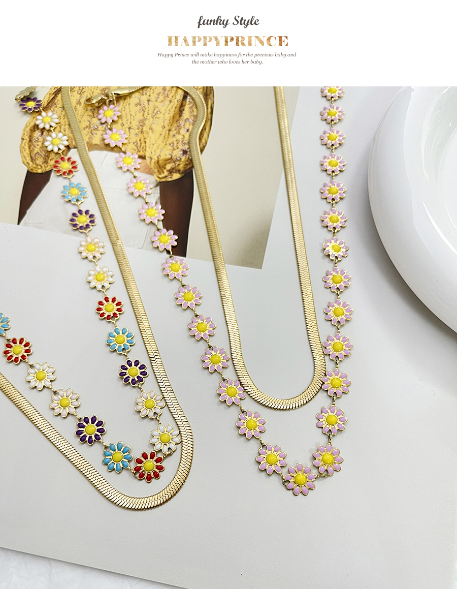 Fashion White Titanium Steel Drop Oil Flower Serpentine Double Layer Necklace,Necklaces