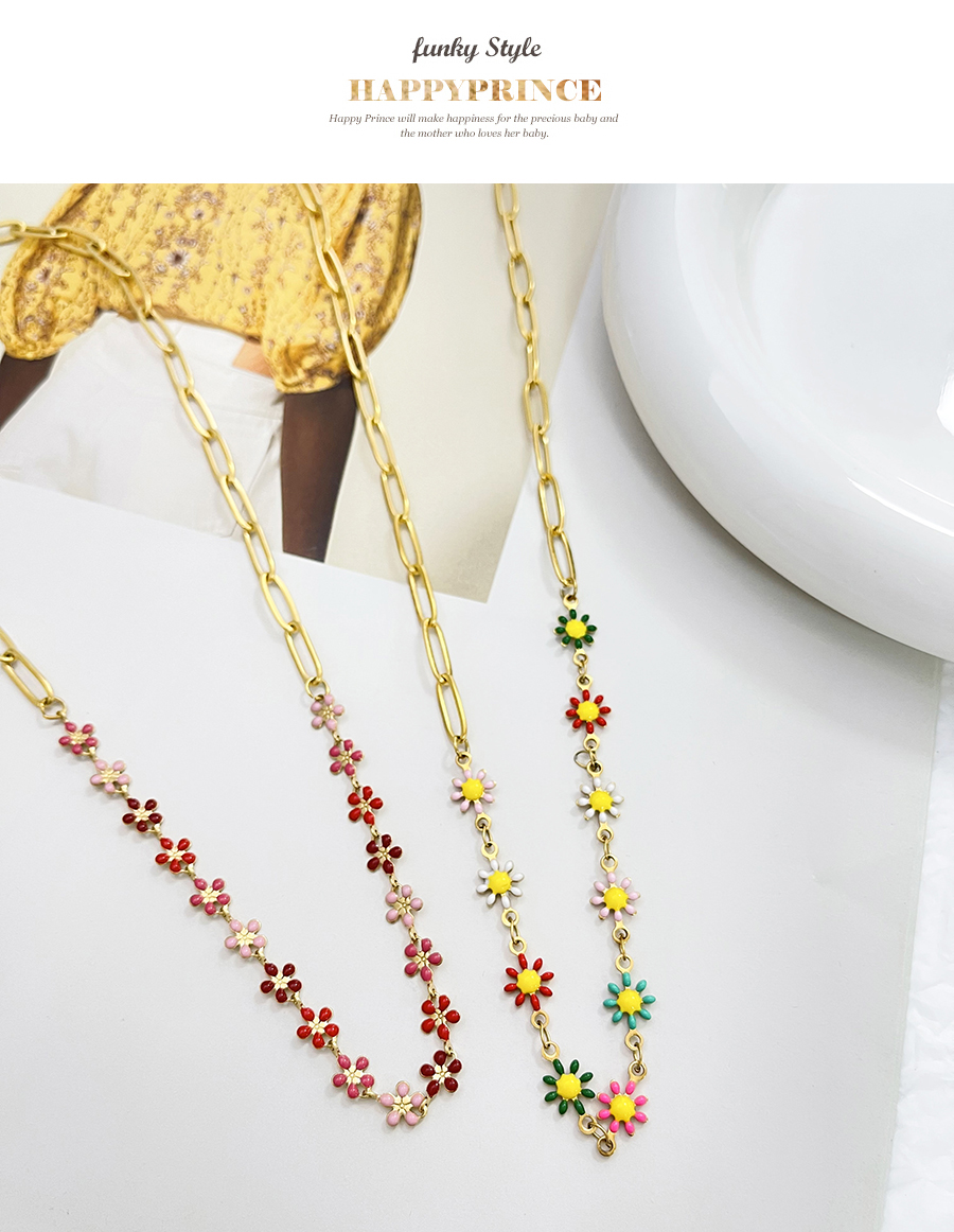 Fashion Color-2 Titanium Steel Drop Oil Flower Patchwork Chain Necklace,Necklaces