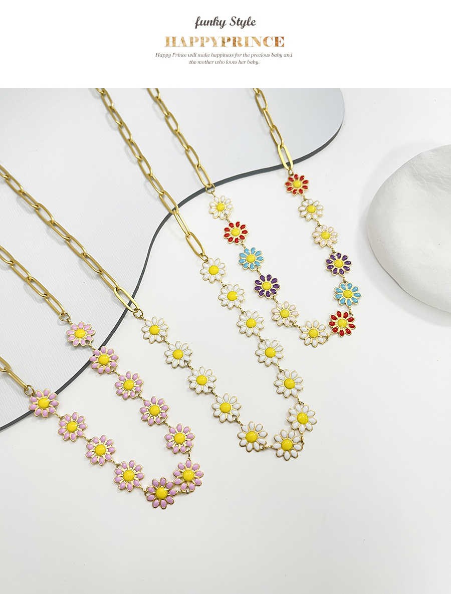 Fashion White Titanium Steel Drop Oil Flower Patchwork Chain Necklace,Necklaces
